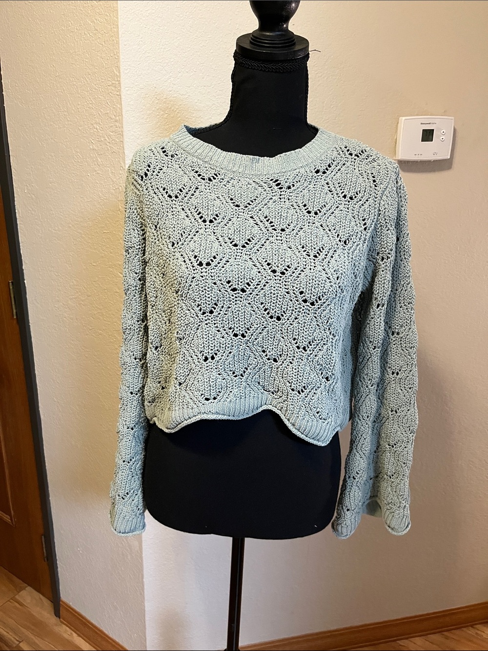 Green Rain Mint Openwork Scallop-Hem Crewneck Sweater